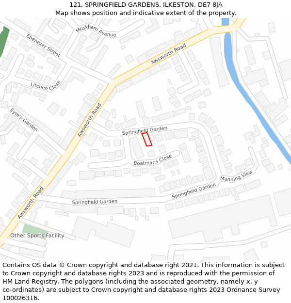 121, SPRINGFIELD GARDENS, ILKESTON, DE7 8JA: Location map and indicative extent of plot