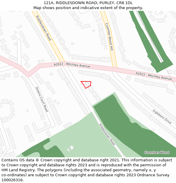 121A, RIDDLESDOWN ROAD, PURLEY, CR8 1DL: Location map and indicative extent of plot