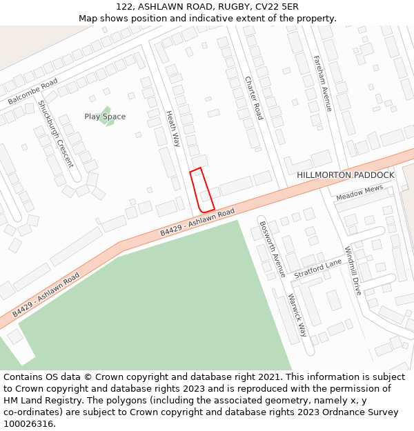 122, ASHLAWN ROAD, RUGBY, CV22 5ER: Location map and indicative extent of plot