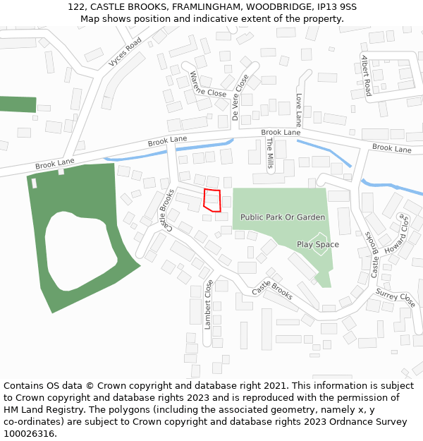 122, CASTLE BROOKS, FRAMLINGHAM, WOODBRIDGE, IP13 9SS: Location map and indicative extent of plot