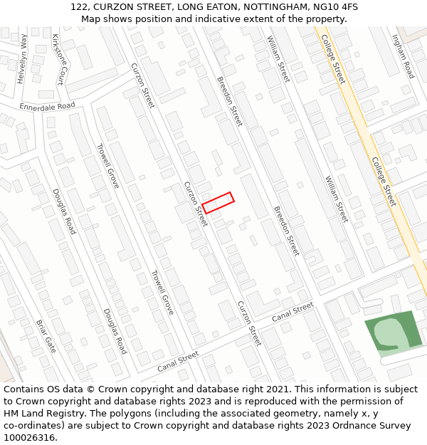 122, CURZON STREET, LONG EATON, NOTTINGHAM, NG10 4FS: Location map and indicative extent of plot