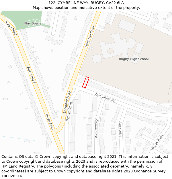 122, CYMBELINE WAY, RUGBY, CV22 6LA: Location map and indicative extent of plot