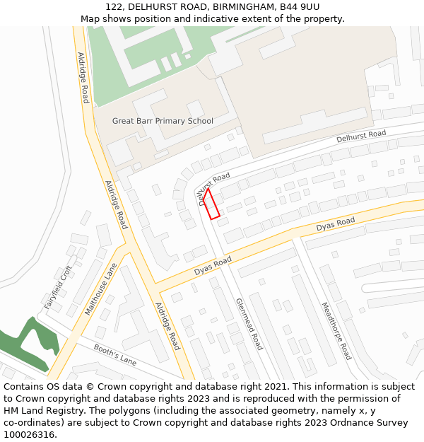 122, DELHURST ROAD, BIRMINGHAM, B44 9UU: Location map and indicative extent of plot