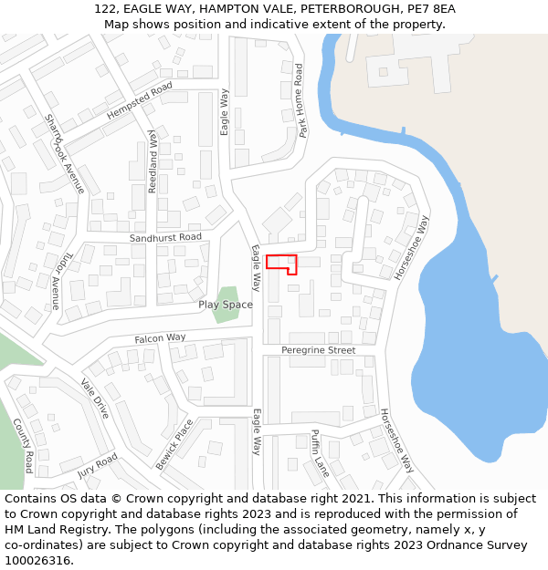 122, EAGLE WAY, HAMPTON VALE, PETERBOROUGH, PE7 8EA: Location map and indicative extent of plot