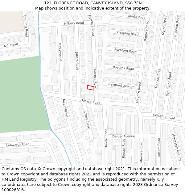 122, FLORENCE ROAD, CANVEY ISLAND, SS8 7EN: Location map and indicative extent of plot