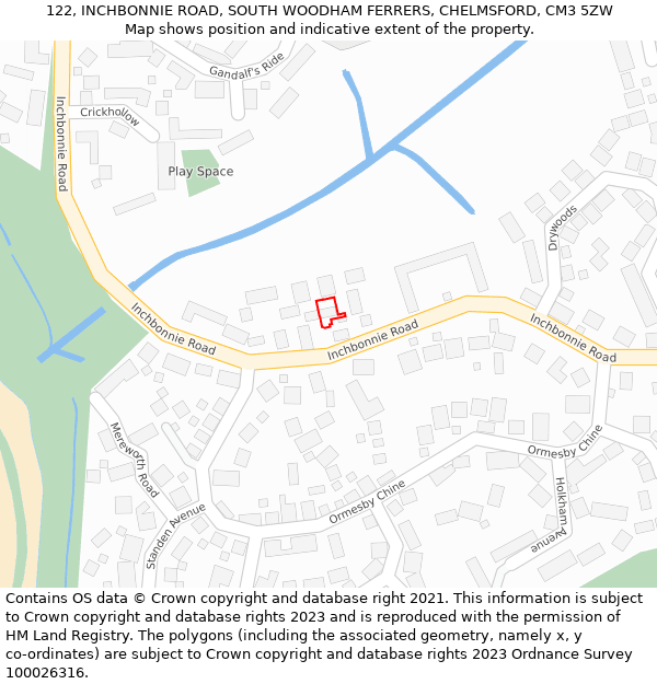 122, INCHBONNIE ROAD, SOUTH WOODHAM FERRERS, CHELMSFORD, CM3 5ZW: Location map and indicative extent of plot