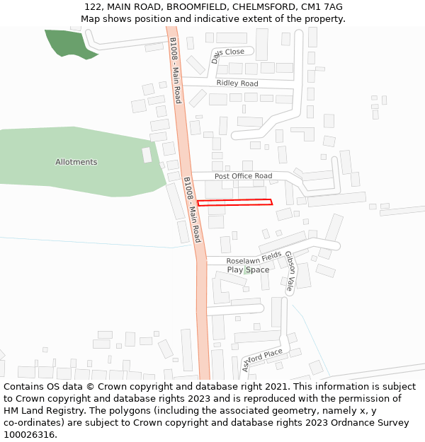 122, MAIN ROAD, BROOMFIELD, CHELMSFORD, CM1 7AG: Location map and indicative extent of plot