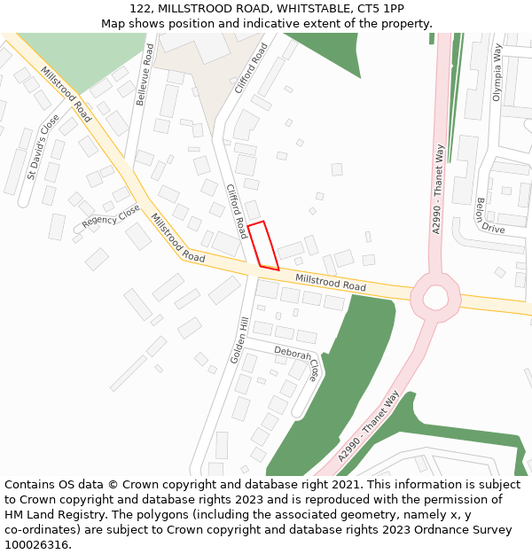 122, MILLSTROOD ROAD, WHITSTABLE, CT5 1PP: Location map and indicative extent of plot