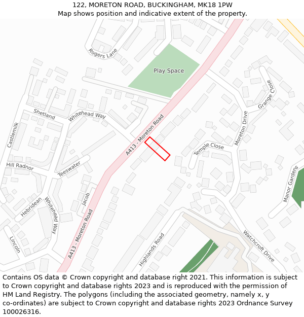 122, MORETON ROAD, BUCKINGHAM, MK18 1PW: Location map and indicative extent of plot