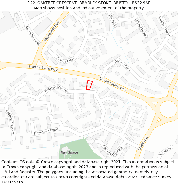 122, OAKTREE CRESCENT, BRADLEY STOKE, BRISTOL, BS32 9AB: Location map and indicative extent of plot