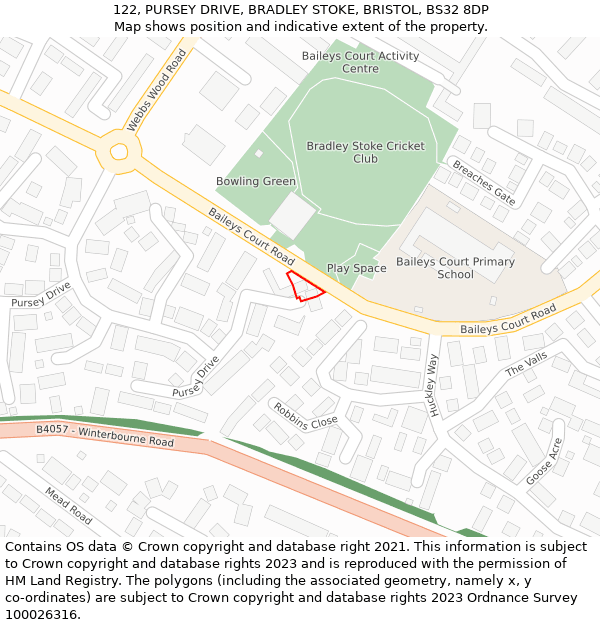 122, PURSEY DRIVE, BRADLEY STOKE, BRISTOL, BS32 8DP: Location map and indicative extent of plot