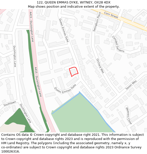 122, QUEEN EMMAS DYKE, WITNEY, OX28 4DX: Location map and indicative extent of plot