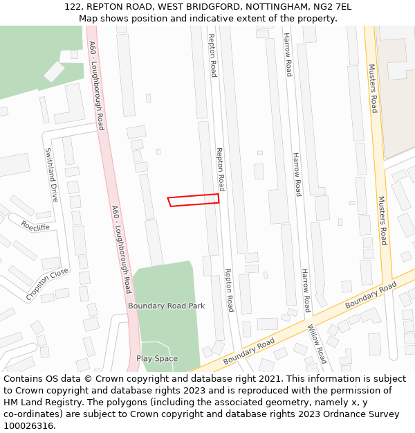 122, REPTON ROAD, WEST BRIDGFORD, NOTTINGHAM, NG2 7EL: Location map and indicative extent of plot