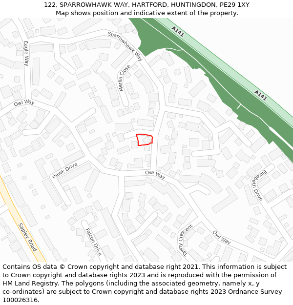 122, SPARROWHAWK WAY, HARTFORD, HUNTINGDON, PE29 1XY: Location map and indicative extent of plot