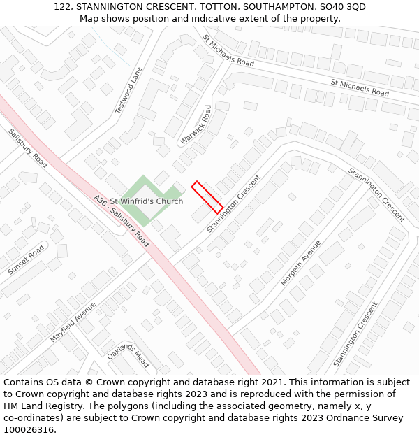 122, STANNINGTON CRESCENT, TOTTON, SOUTHAMPTON, SO40 3QD: Location map and indicative extent of plot