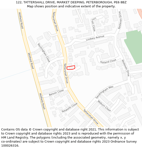 122, TATTERSHALL DRIVE, MARKET DEEPING, PETERBOROUGH, PE6 8BZ: Location map and indicative extent of plot