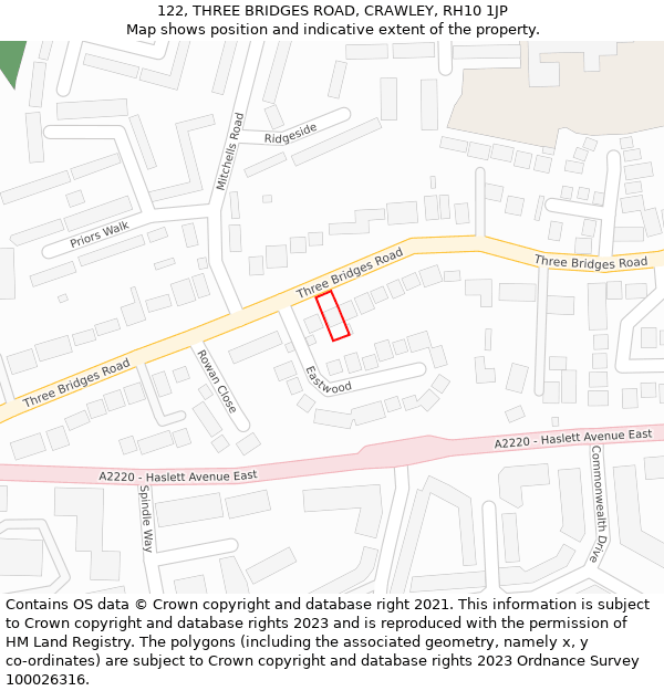 122, THREE BRIDGES ROAD, CRAWLEY, RH10 1JP: Location map and indicative extent of plot