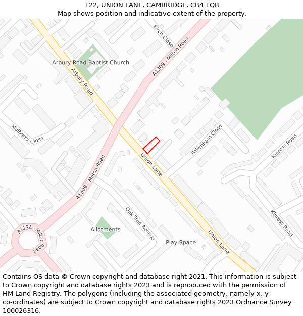 122, UNION LANE, CAMBRIDGE, CB4 1QB: Location map and indicative extent of plot