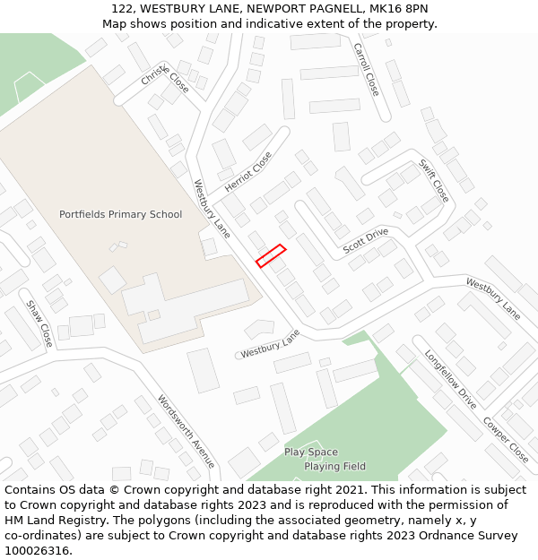 122, WESTBURY LANE, NEWPORT PAGNELL, MK16 8PN: Location map and indicative extent of plot