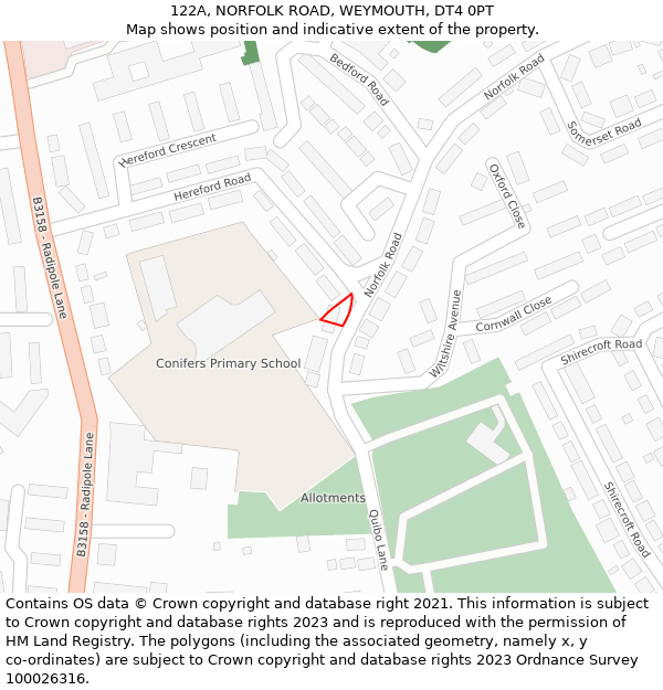 122A, NORFOLK ROAD, WEYMOUTH, DT4 0PT: Location map and indicative extent of plot