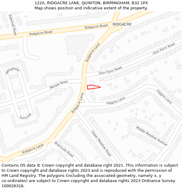 122A, RIDGACRE LANE, QUINTON, BIRMINGHAM, B32 1PX: Location map and indicative extent of plot