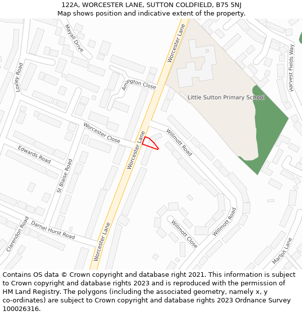 122A, WORCESTER LANE, SUTTON COLDFIELD, B75 5NJ: Location map and indicative extent of plot