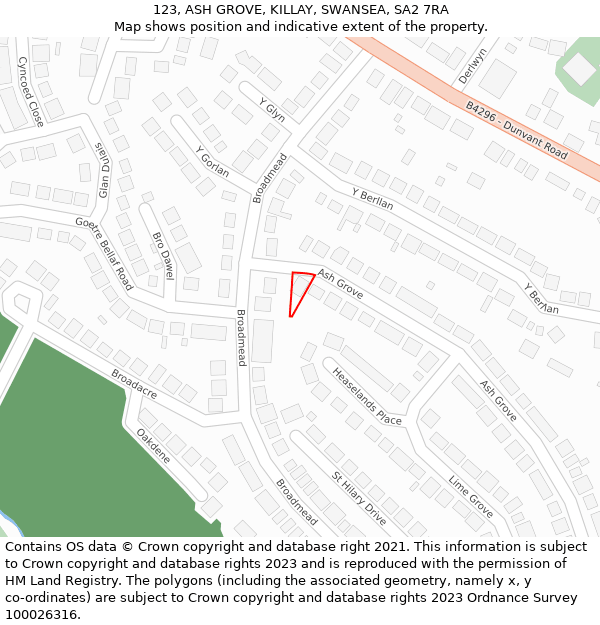 123, ASH GROVE, KILLAY, SWANSEA, SA2 7RA: Location map and indicative extent of plot