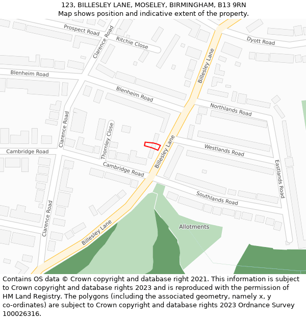 123, BILLESLEY LANE, MOSELEY, BIRMINGHAM, B13 9RN: Location map and indicative extent of plot
