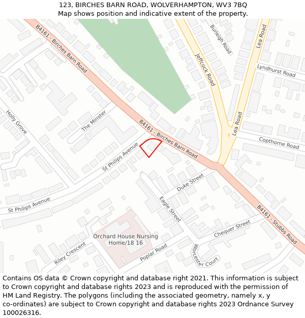 123, BIRCHES BARN ROAD, WOLVERHAMPTON, WV3 7BQ: Location map and indicative extent of plot