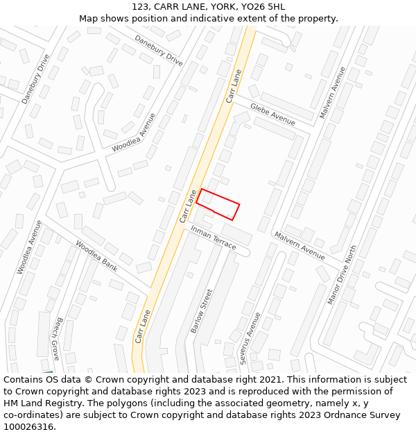 123, CARR LANE, YORK, YO26 5HL: Location map and indicative extent of plot