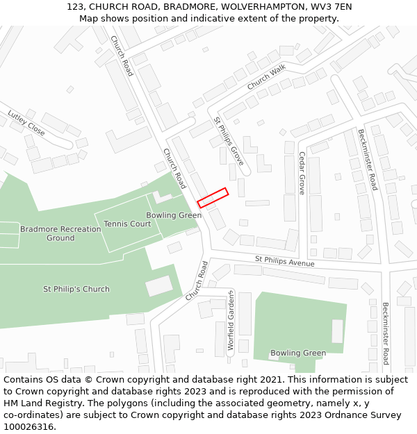 123, CHURCH ROAD, BRADMORE, WOLVERHAMPTON, WV3 7EN: Location map and indicative extent of plot