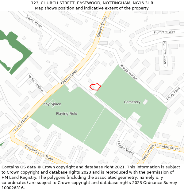 123, CHURCH STREET, EASTWOOD, NOTTINGHAM, NG16 3HR: Location map and indicative extent of plot