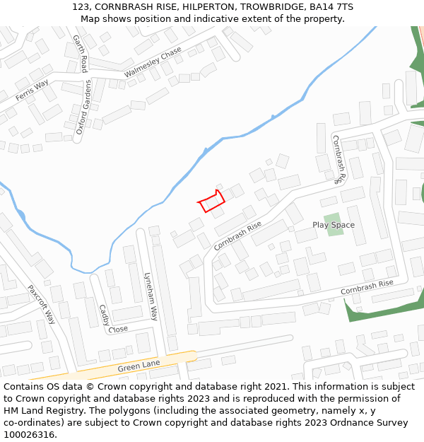 123, CORNBRASH RISE, HILPERTON, TROWBRIDGE, BA14 7TS: Location map and indicative extent of plot