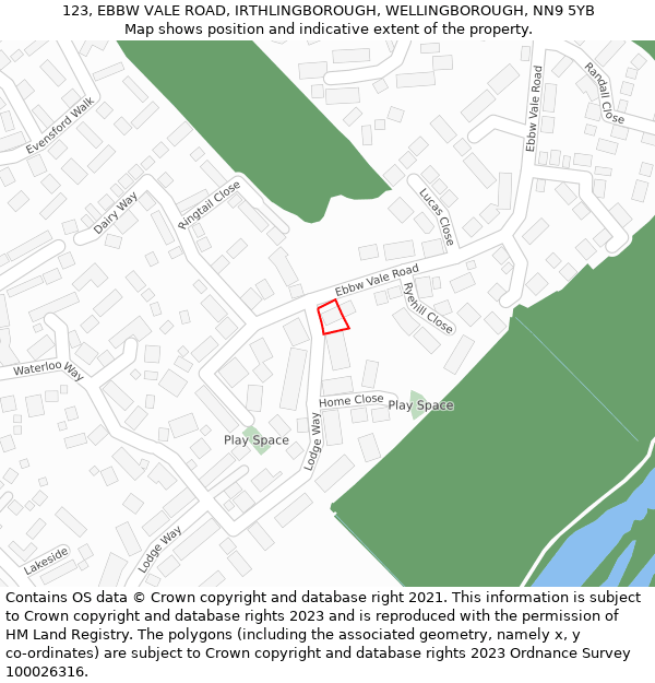 123, EBBW VALE ROAD, IRTHLINGBOROUGH, WELLINGBOROUGH, NN9 5YB: Location map and indicative extent of plot