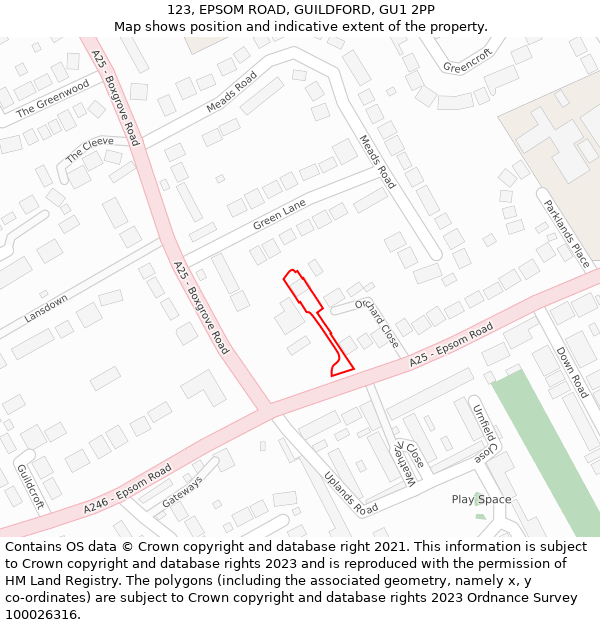 123, EPSOM ROAD, GUILDFORD, GU1 2PP: Location map and indicative extent of plot