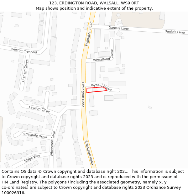 123, ERDINGTON ROAD, WALSALL, WS9 0RT: Location map and indicative extent of plot