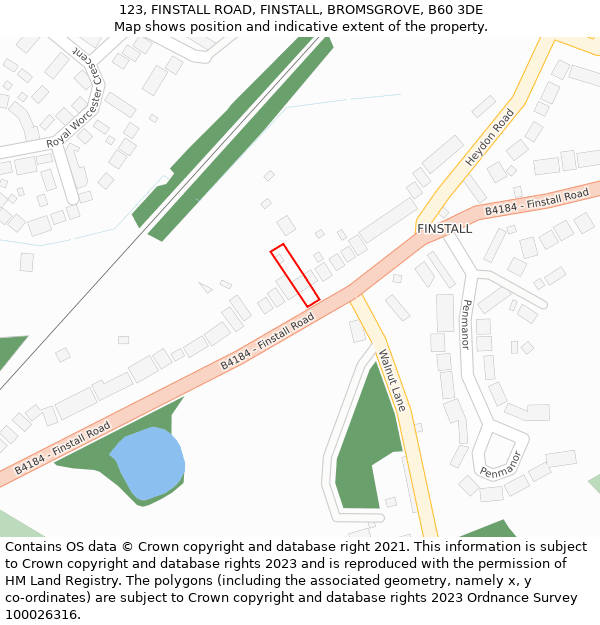 123, FINSTALL ROAD, FINSTALL, BROMSGROVE, B60 3DE: Location map and indicative extent of plot