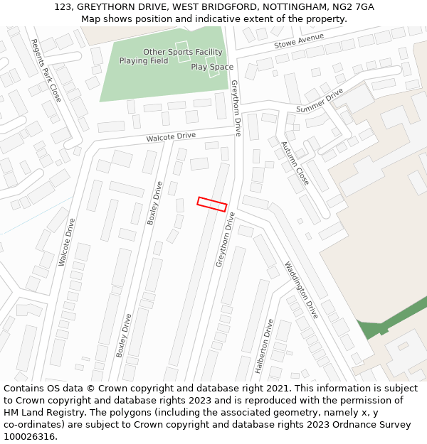 123, GREYTHORN DRIVE, WEST BRIDGFORD, NOTTINGHAM, NG2 7GA: Location map and indicative extent of plot