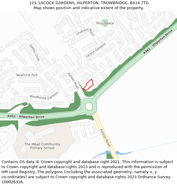 123, LACOCK GARDENS, HILPERTON, TROWBRIDGE, BA14 7TG: Location map and indicative extent of plot