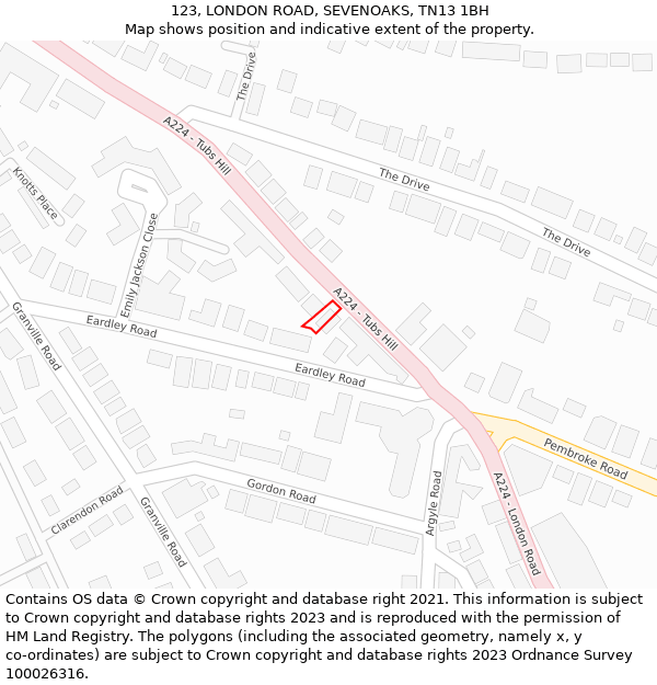 123, LONDON ROAD, SEVENOAKS, TN13 1BH: Location map and indicative extent of plot