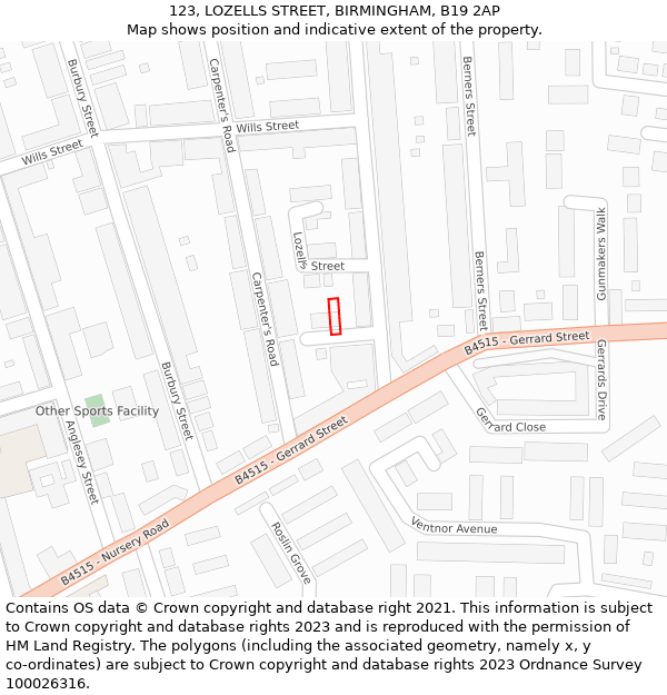 123, LOZELLS STREET, BIRMINGHAM, B19 2AP: Location map and indicative extent of plot