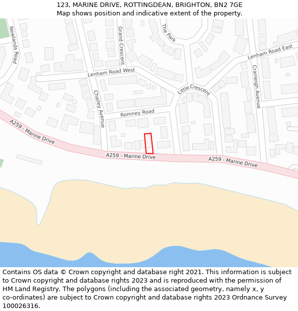 123, MARINE DRIVE, ROTTINGDEAN, BRIGHTON, BN2 7GE: Location map and indicative extent of plot