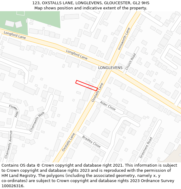 123, OXSTALLS LANE, LONGLEVENS, GLOUCESTER, GL2 9HS: Location map and indicative extent of plot