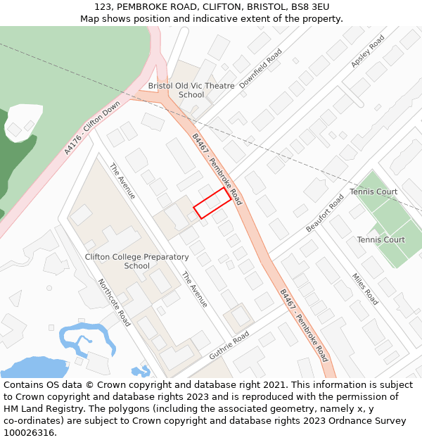 123, PEMBROKE ROAD, CLIFTON, BRISTOL, BS8 3EU: Location map and indicative extent of plot