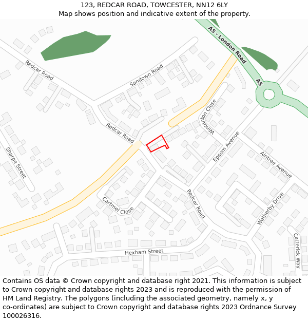 123, REDCAR ROAD, TOWCESTER, NN12 6LY: Location map and indicative extent of plot