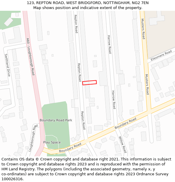 123, REPTON ROAD, WEST BRIDGFORD, NOTTINGHAM, NG2 7EN: Location map and indicative extent of plot