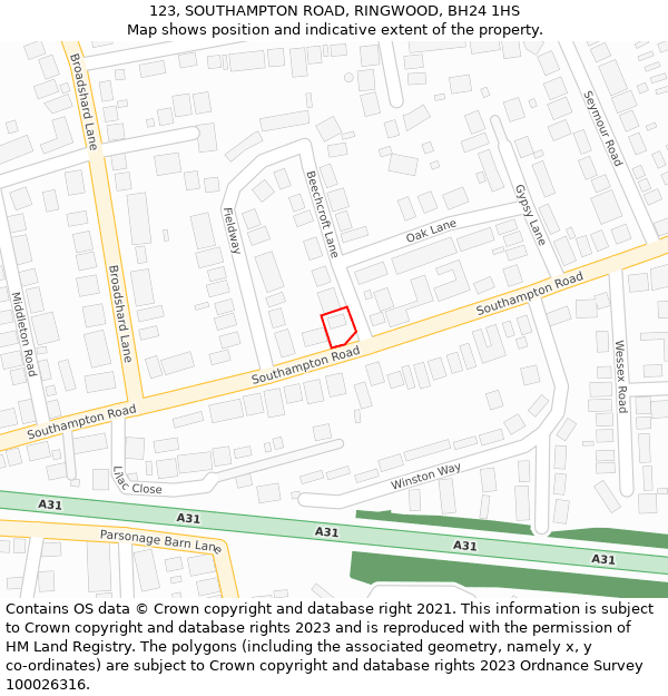 123, SOUTHAMPTON ROAD, RINGWOOD, BH24 1HS: Location map and indicative extent of plot