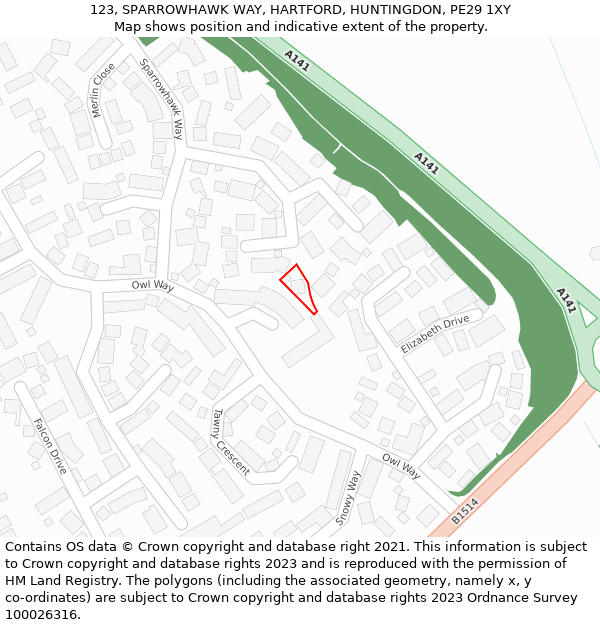 123, SPARROWHAWK WAY, HARTFORD, HUNTINGDON, PE29 1XY: Location map and indicative extent of plot