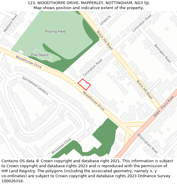 123, WOODTHORPE DRIVE, MAPPERLEY, NOTTINGHAM, NG3 5JL: Location map and indicative extent of plot