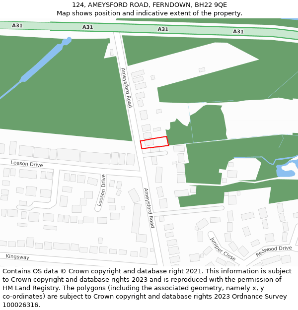 124, AMEYSFORD ROAD, FERNDOWN, BH22 9QE: Location map and indicative extent of plot